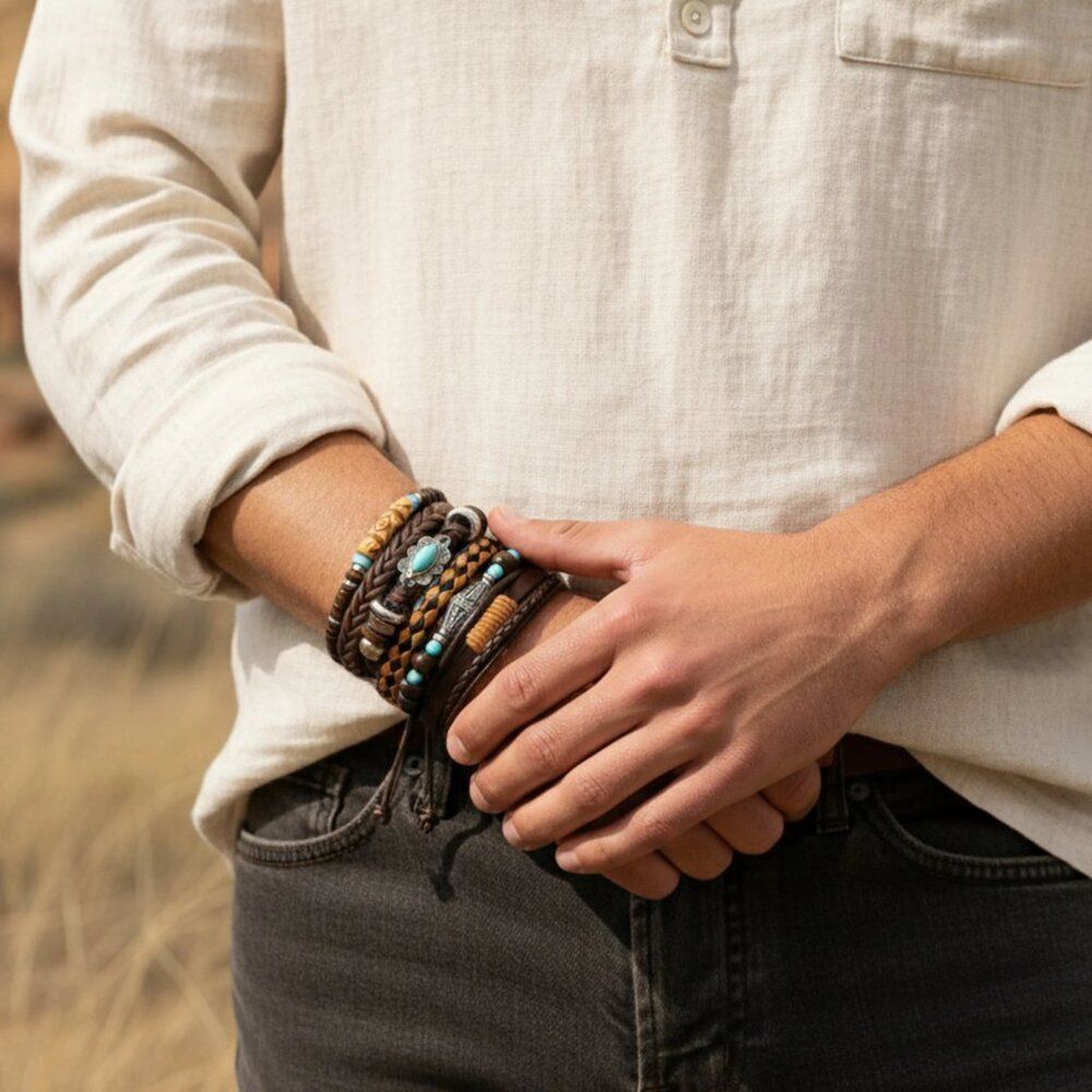 Western Style Bracelets Turquoise & Silver-Tone Bead Vegan Leather Adjustable